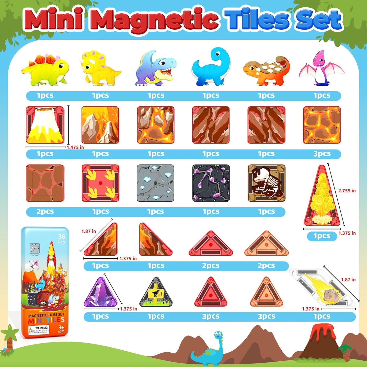 Detalle de 36PCS Mini Magnetic Tiles Dinosaur Travel Set