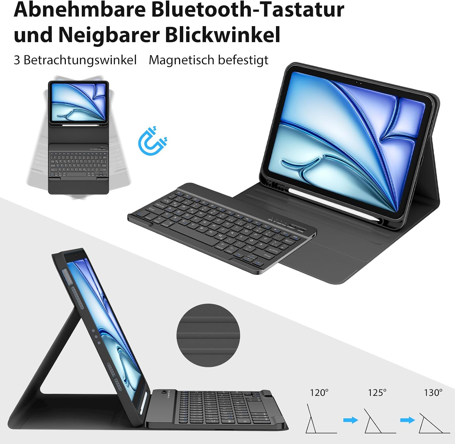 Detalle de CC Store Hülle mit Tastatur für iPad Air 11 Zoll (M3/M2, Air 4/5) und iPad Pro 11 – magnetische Bluetooth-Tastatur, QWERTZ, schwarz