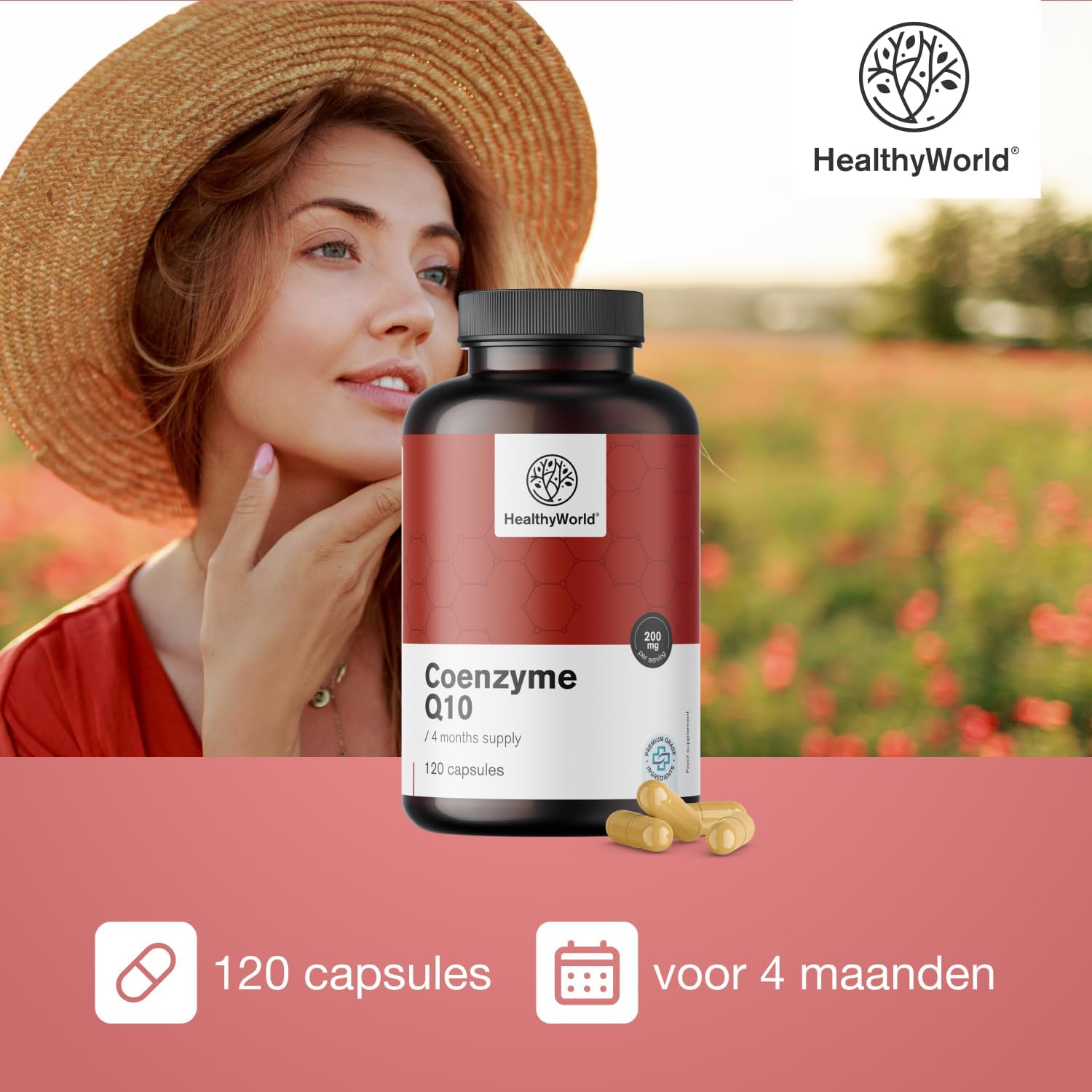 Detalle de HealthyWorld Co-enzym Q10 200 mg, 120 plantaardige capsules