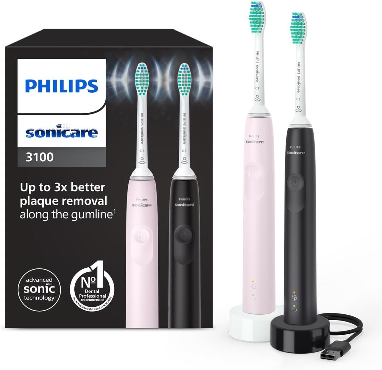 Detalle de Philips Sonicare 3100, brosse à dents électrique sonique – pack 2 (HX3675/15) en rose pastel et noir