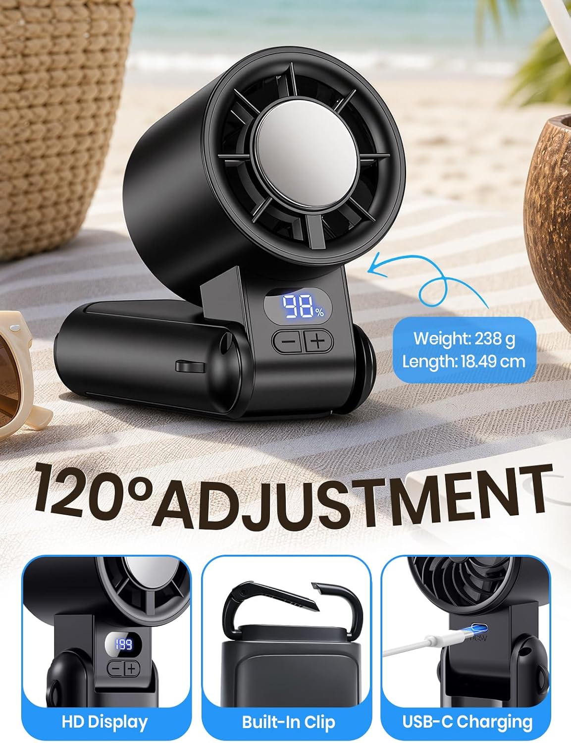 Detalle de Deyhoc Handheld Fan Rechargeable with LED Display and Clip: 3-in-1 Portable Cooling