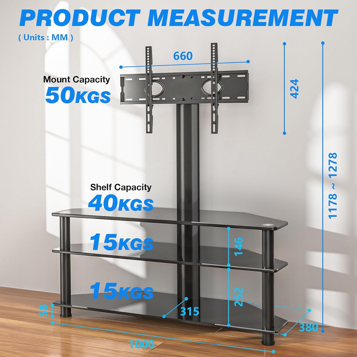 Thumbnail 3 de RFIVER Corner TV Stand (VESA 100x100–600x400mm) with Swivel & Height Adjustment, Tempered Glass Shelves up to 40kg