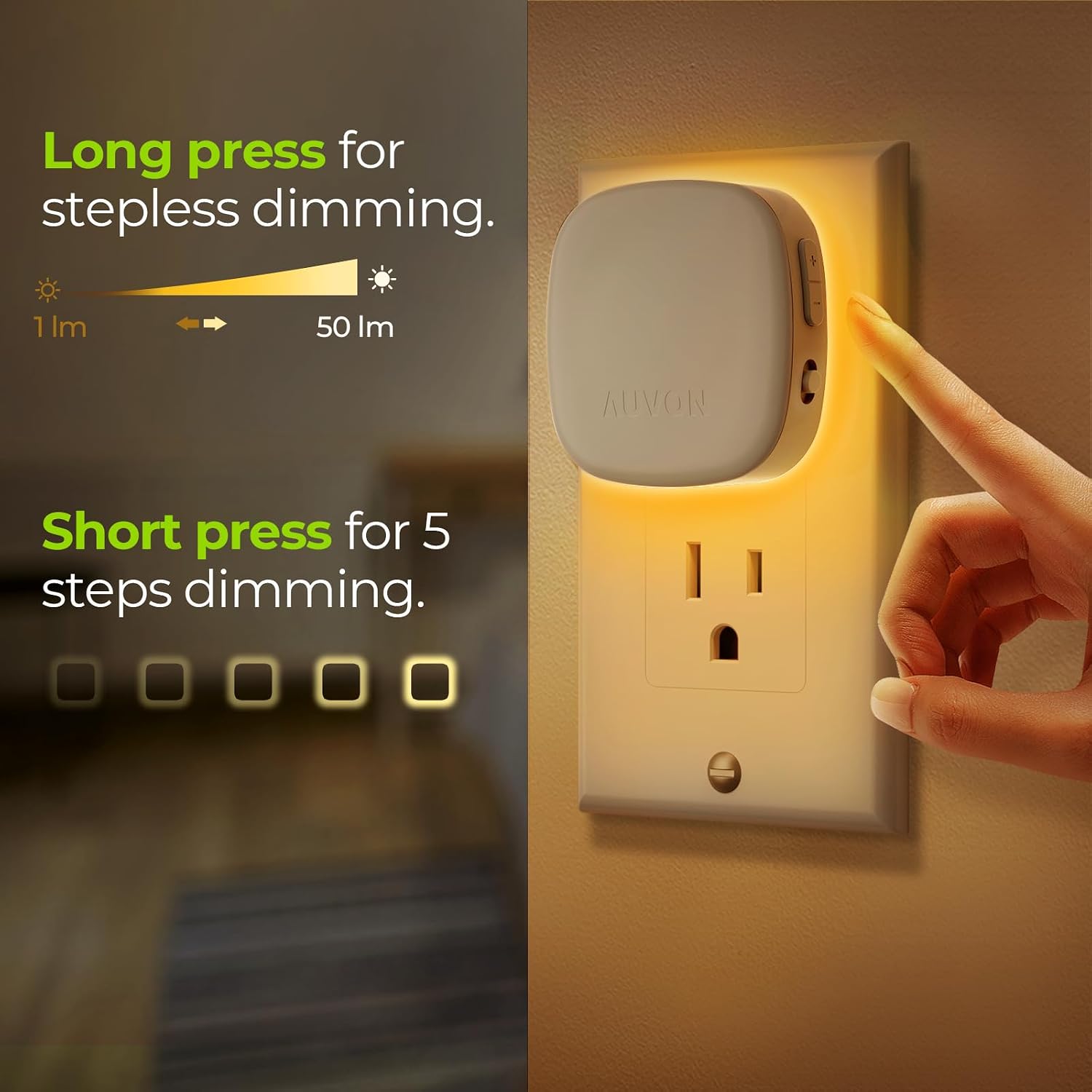 Detalle 1 de AUVON N001A Plug-In LED Backlit Night Light, Amber, Motion Sensor, Dimmable