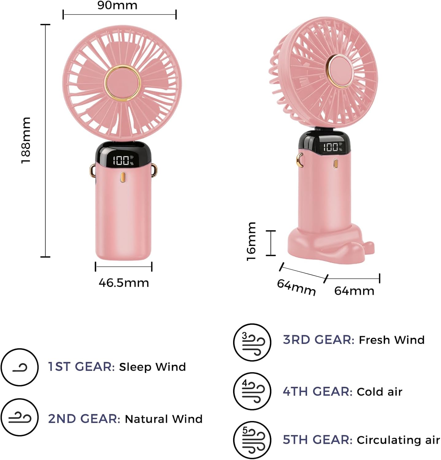 Thumbnail 2 de Jsdoin hand-held portable USB rechargeable fan with 5 speeds and LED display (Pink)