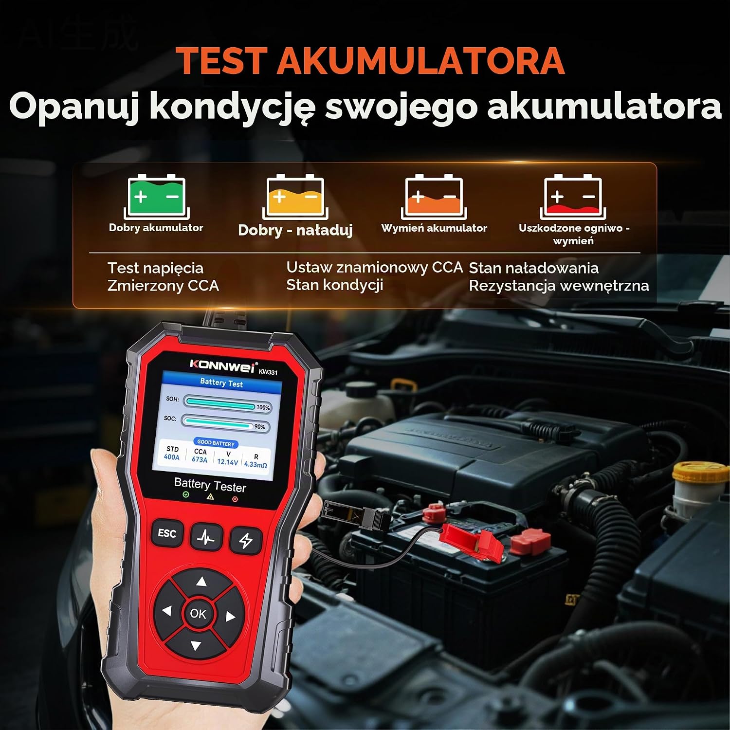 Detalle 2 de KONNWEI KW331 tester akumulatorów 6 V, 12 V i 24 V, kolorowy ekran, drukowanie wyników