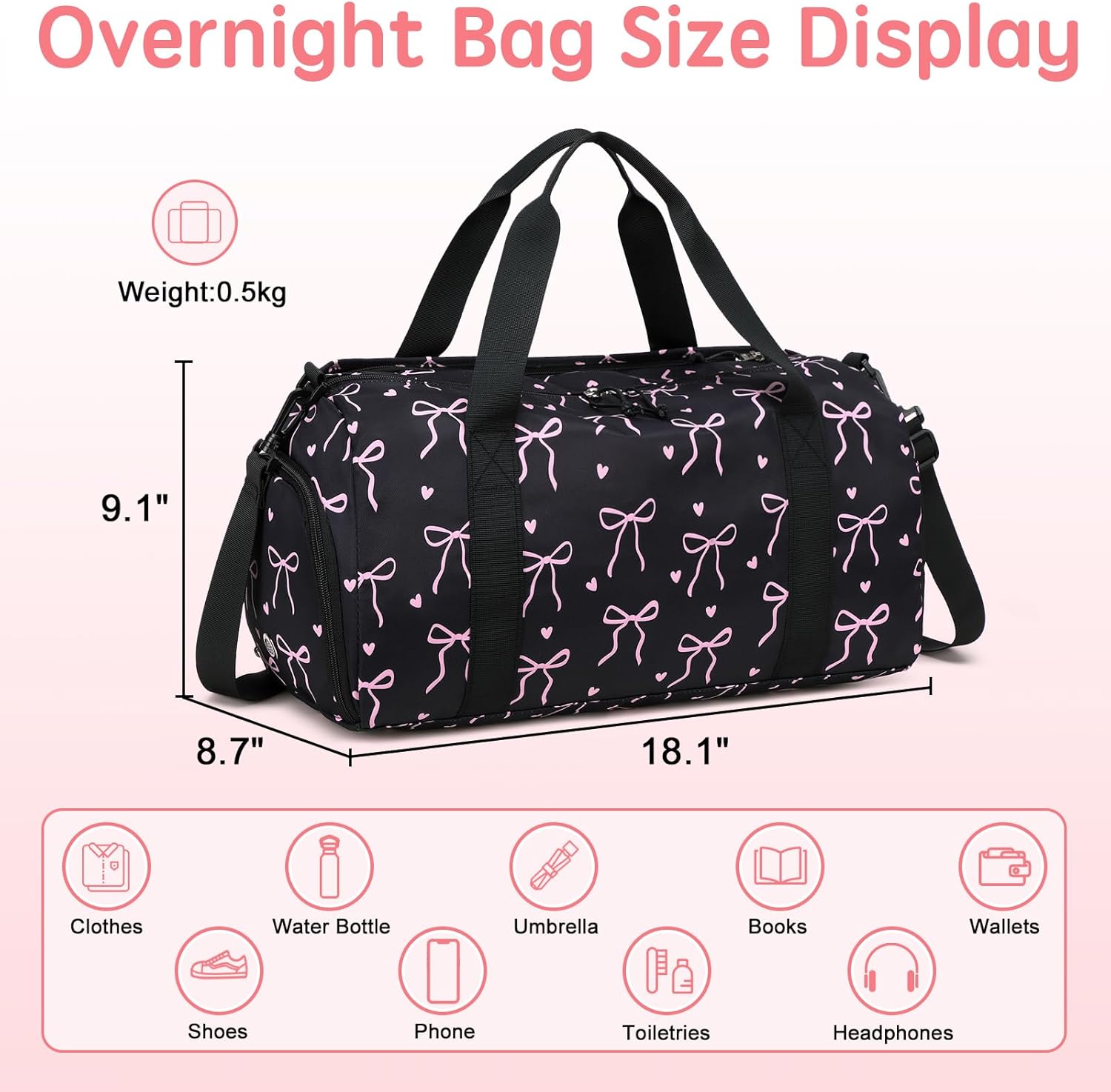 Detalle 2 de LOIDOU Sporttasche Reisetasche mit großem Schuhfach & Nassfach – Schwarz/Rosa (Herz + Bogen)
