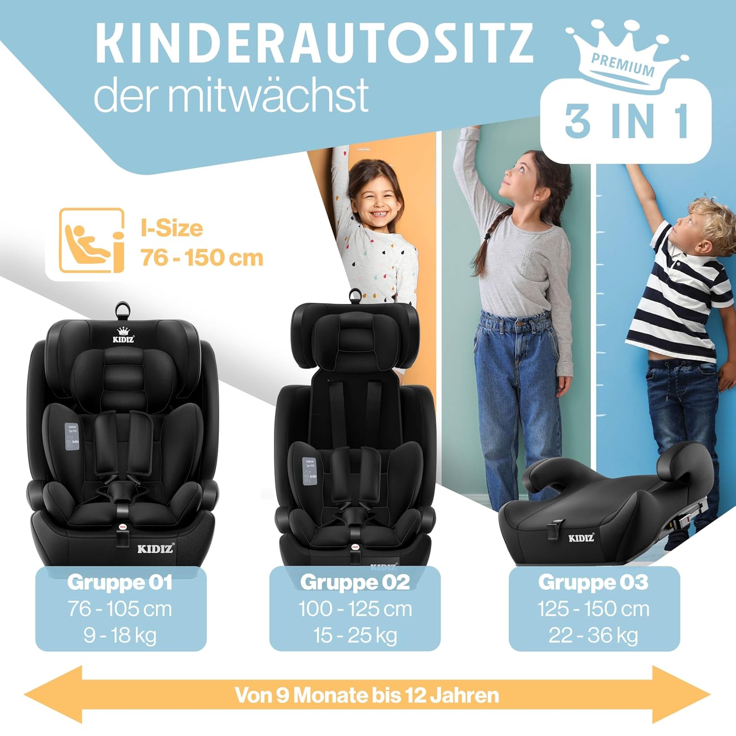 Thumbnail 3 de KIDIZ® Autokindersitz mit ISOFIX i-Size R129, 100–150 cm (bis 12 Jahre), 5-Punkt-Gurt & höhenverstellbarer Kopfstütze – Schwarz