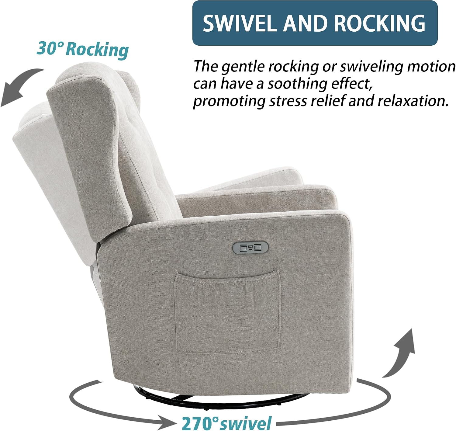 Detalle de Ketaiyou D9966 Power Swivel Rocking Recliner with USB and Type-C Ports
