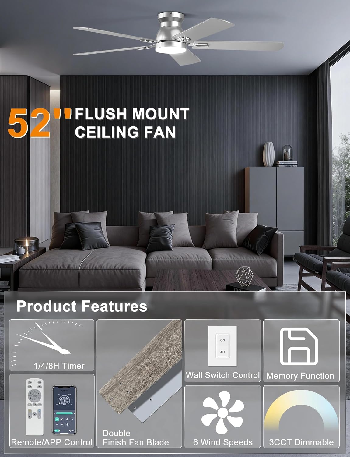 Detalle de Ohniyou 52-Inch Low Profile Ceiling Fan with Light and Remote/App Control