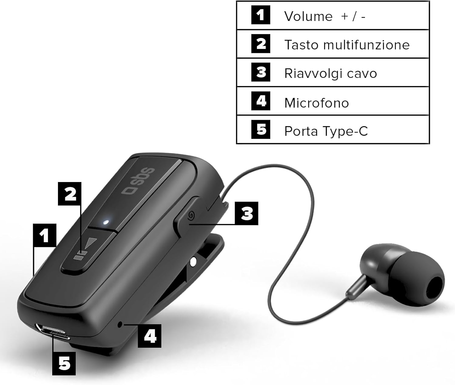 Detalle de SBS Auricolare Bluetooth con Clip e Cavo Retrattile – Multipoint, 7 ore di conversazione, Nero