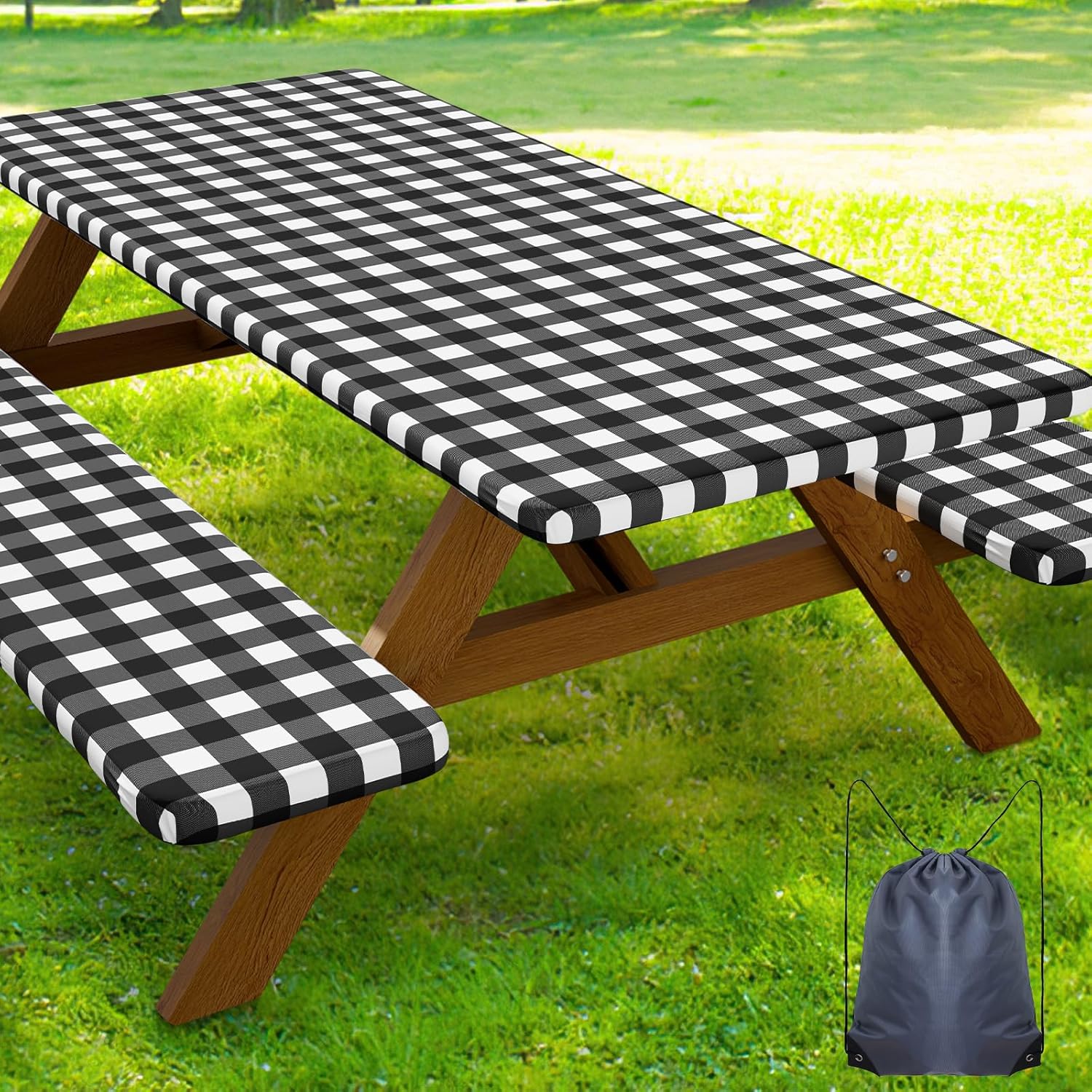 Smiry Picnic Table Cover with Bench Covers (Waterproof Elastic Fitted, Black & White Buffalo Plaid)