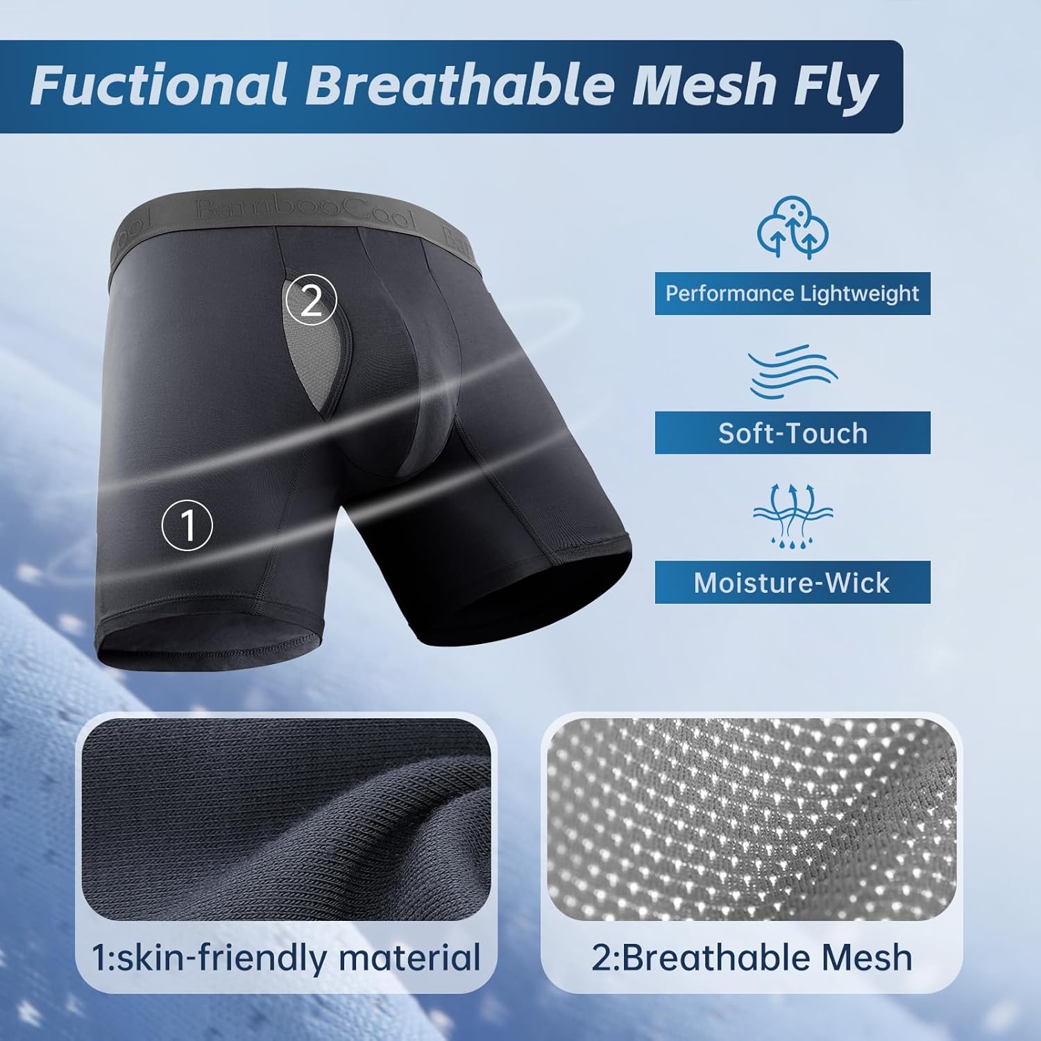 Detalle de BAMBOO COOL BreezeBoo Men's Ultra Breathable Mesh Boxer Briefs with Lightweight Waistband