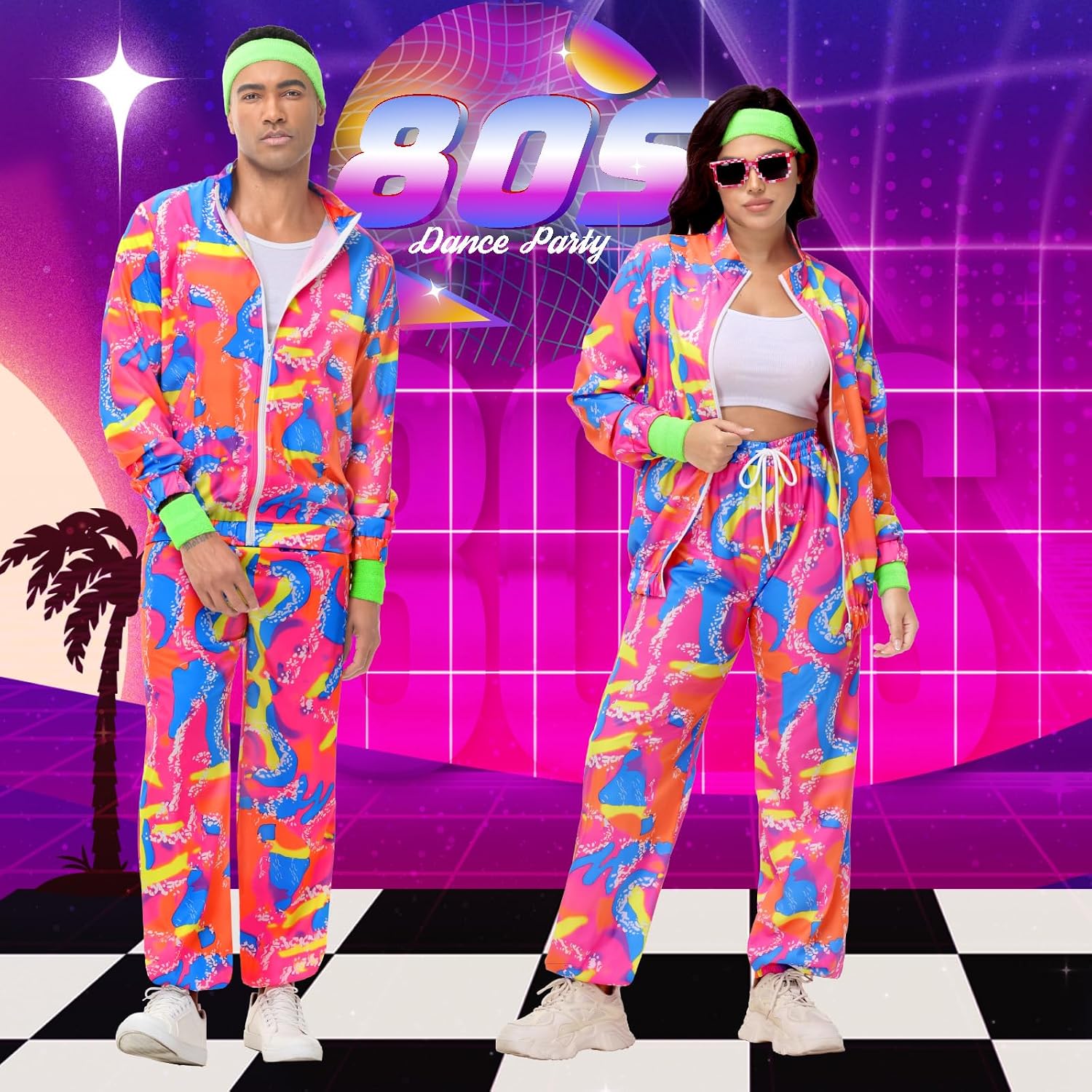 Detalle de Tosjack 80s Retro Costume Neon Tracksuit Set with Retro Accessories
