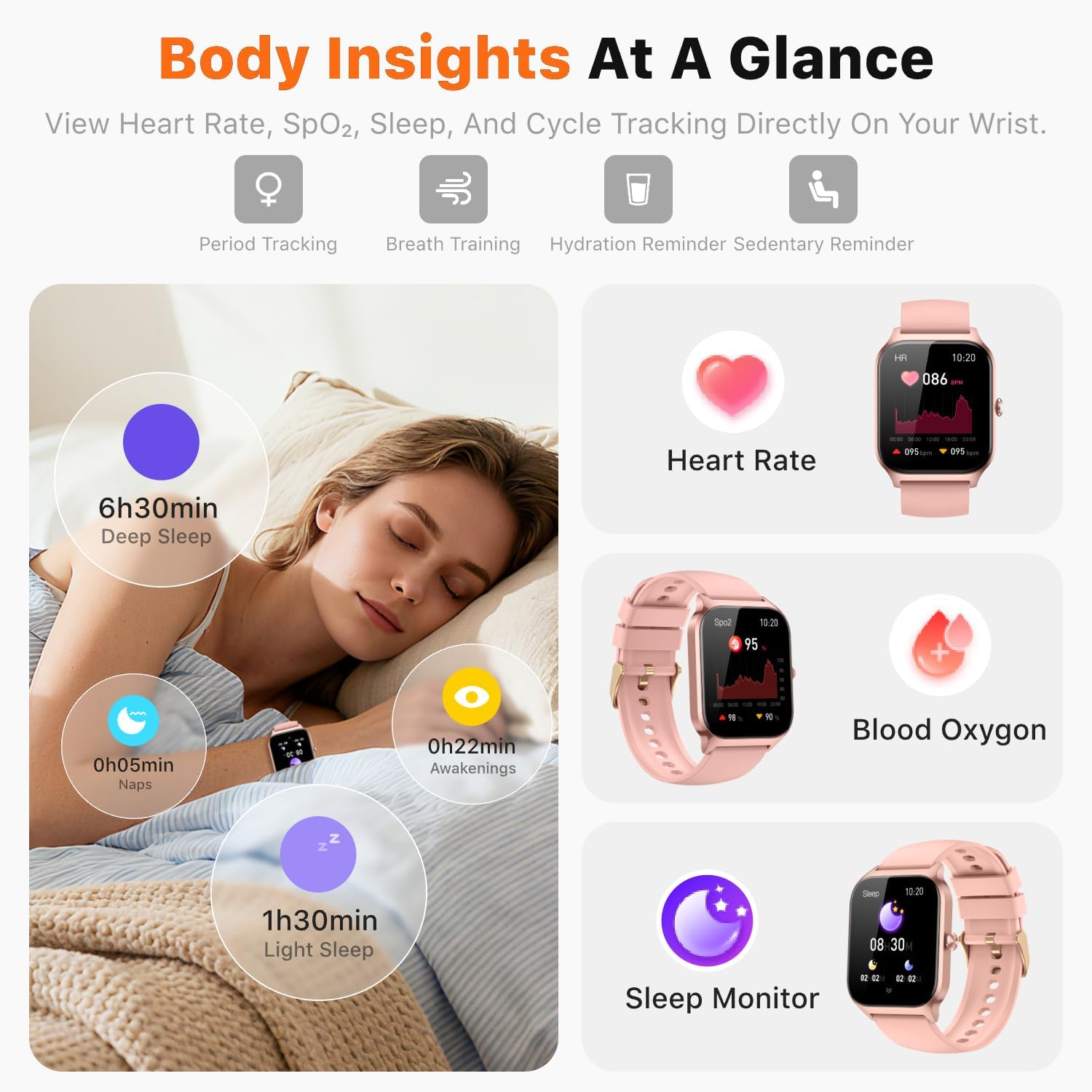 Detalle de Kriutefy Smart Watch for Women & Men (Sakura Pink) – Bluetooth Calling, 110+ Sports Modes and Sleep Tracking