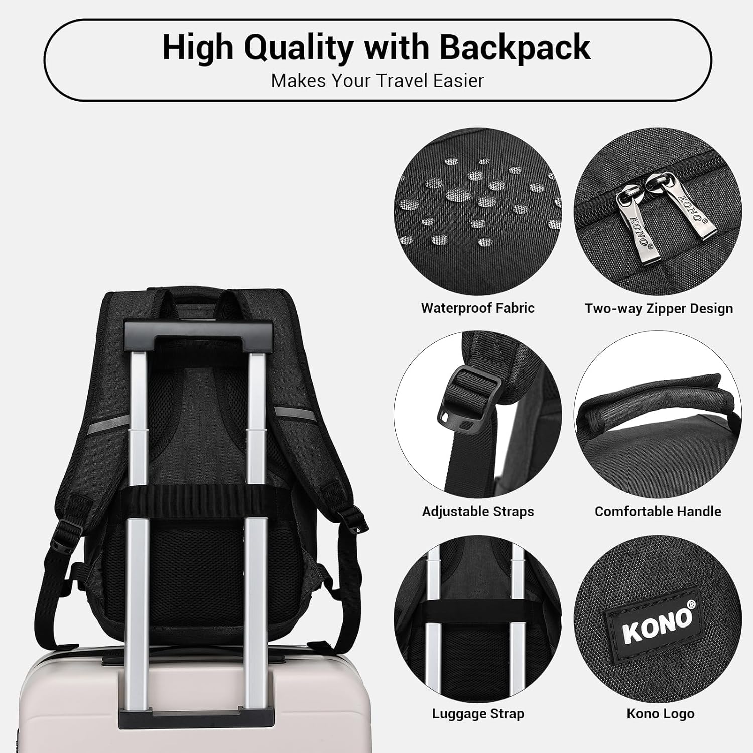 Detalle de KONO Kabinentasche 40 x 20 x 25 cm für Ryanair Untersitz – 20L, schwarz