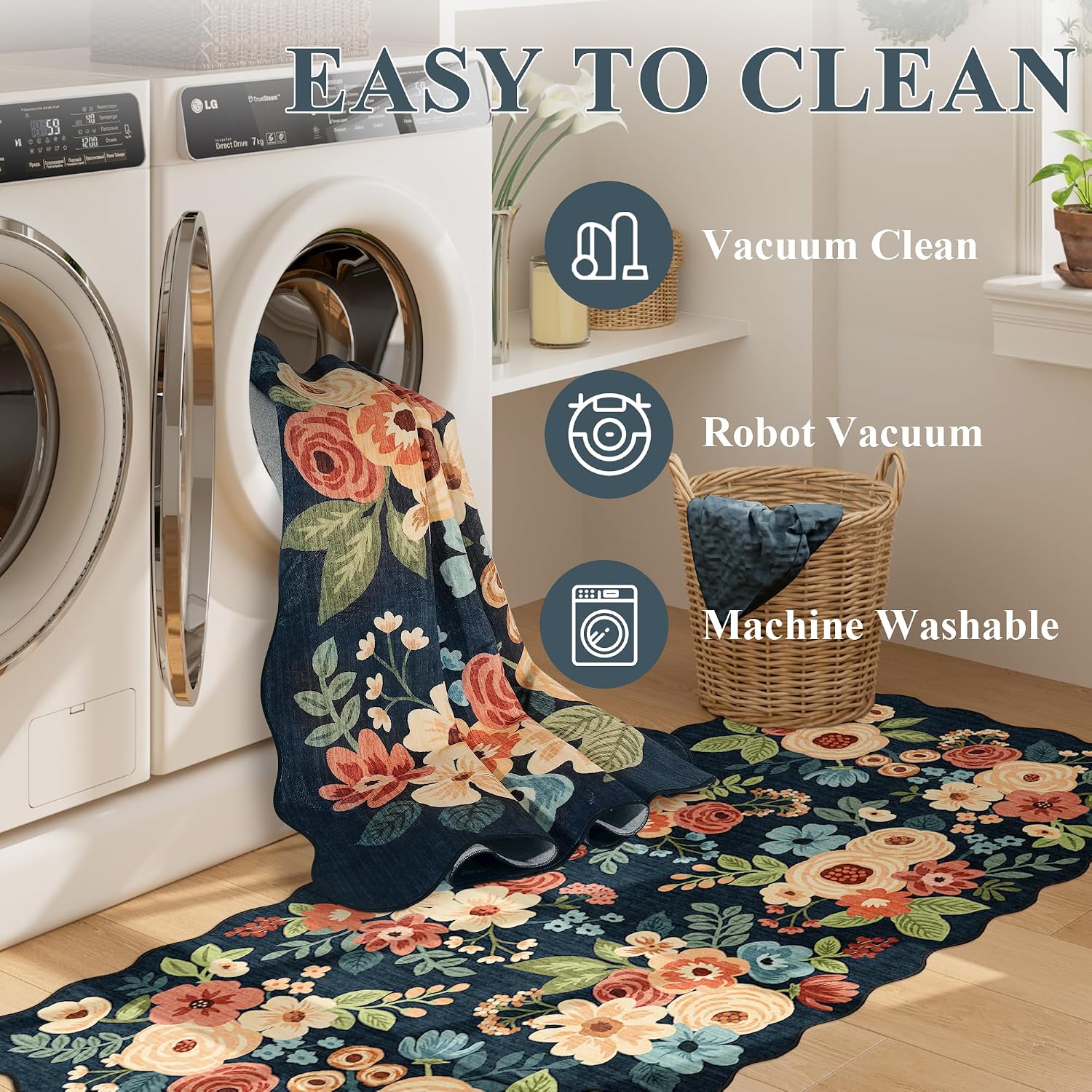Detalle de DUKINO 2x10 Runner Rug for Hallway: Navy Blue, Non-Slip, Washable Floral Boho Style