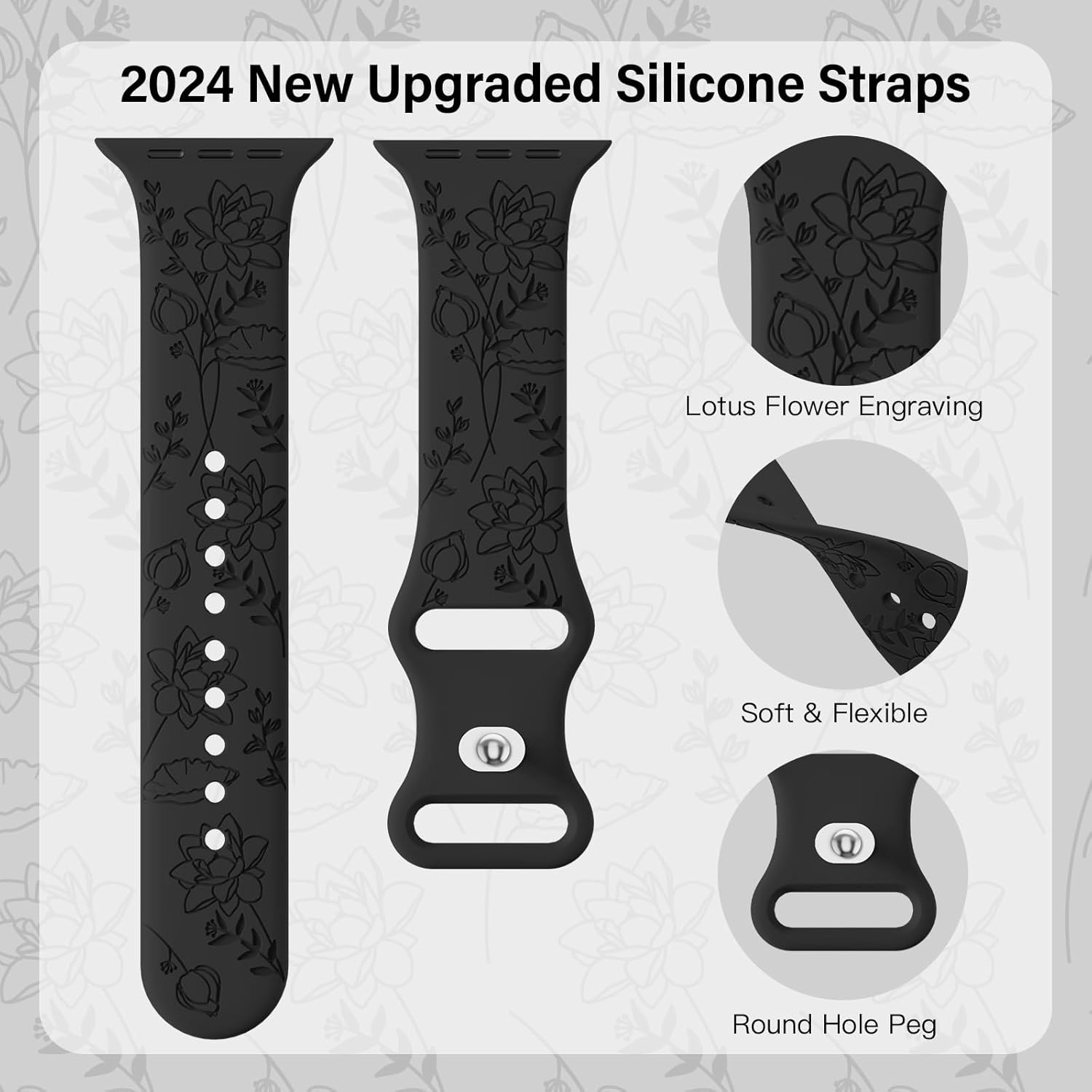 Thumbnail 1 de Yoohoo Floral Engraved Silicone Strap for Apple Watch (Women) – Soft Sport Band, Black