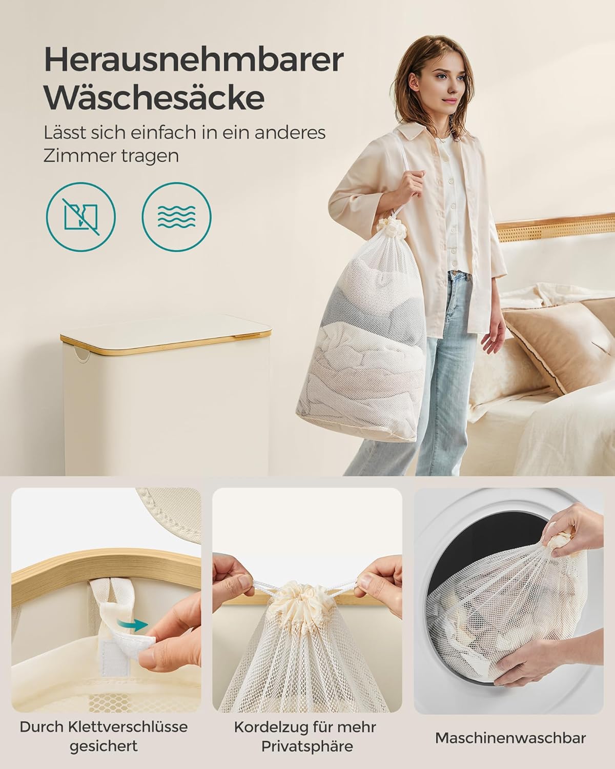 Detalle de SONGMICS Wäschekorb mit Deckel LCB513LJ01 – 130 L, 2 Fächer, herausnehmbare Säcke, 600D Oxford-Gewebe, Bambusgriffe, faltbar, kamelbraun