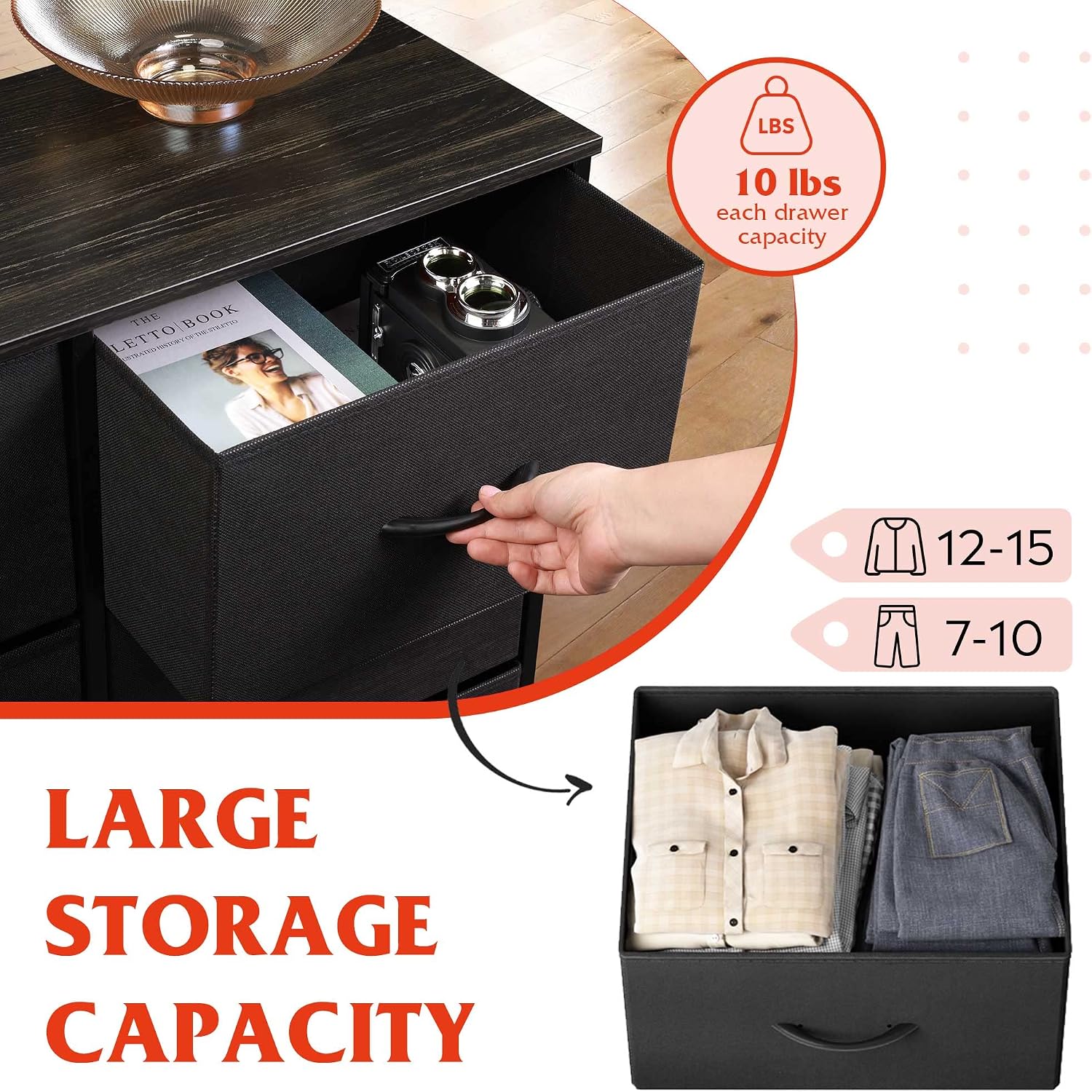 Detalle 1 de WLIVE ASNG059DK 10-Drawer Fabric Dresser with Wood Top and Steel Frame