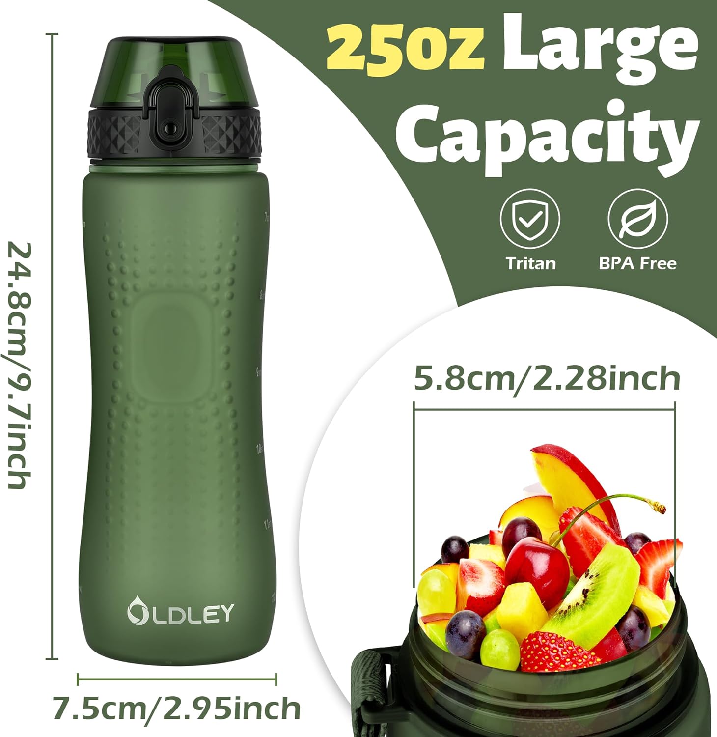 Thumbnail 4 de OLDLEY 750ml/25oz water bottles with straw – BPA-free Tritan, leakproof flip-top and time markings (Army Green)