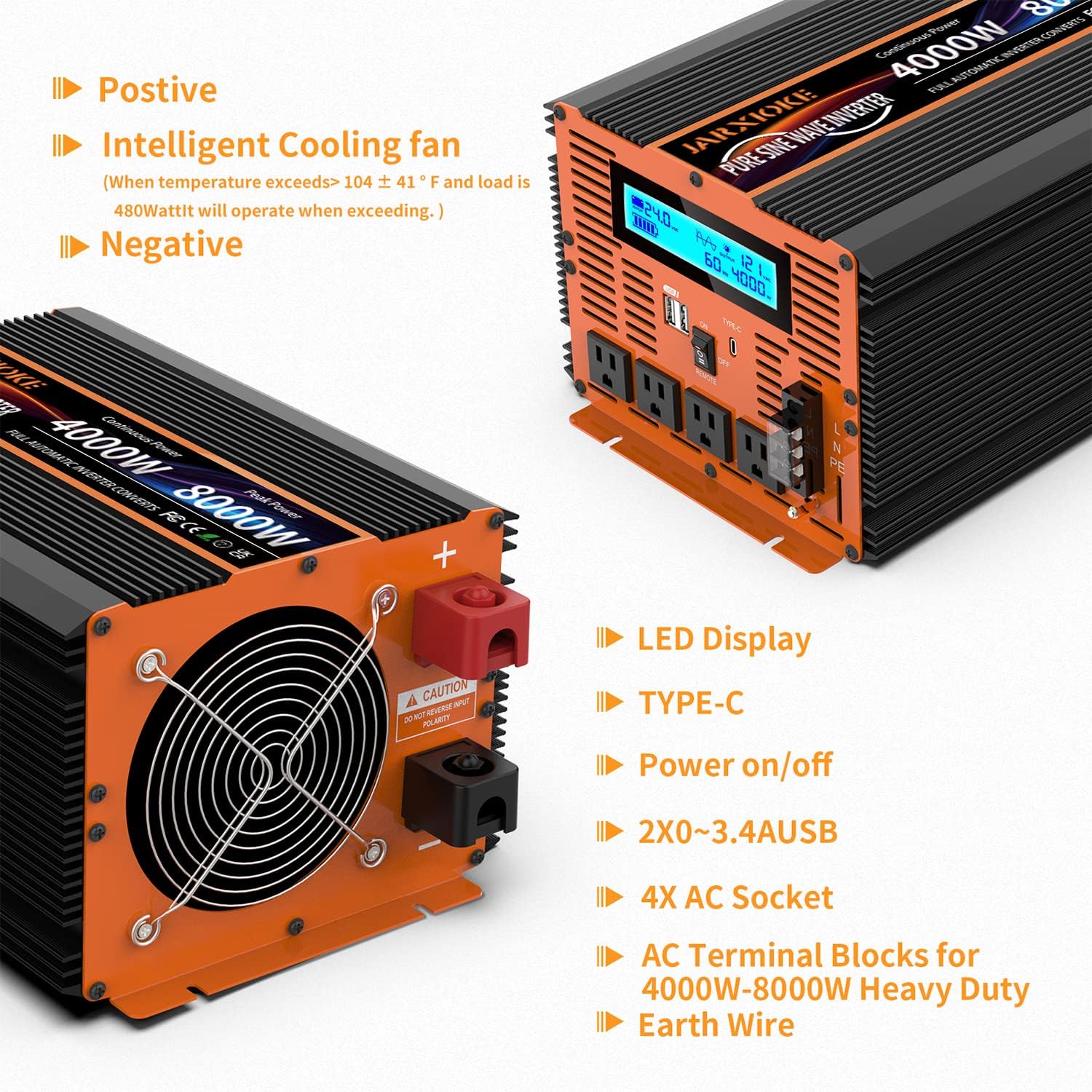 Detalle de 4000 Watt Pure Sine Wave Power Inverter (24V DC to 110/120V) with Remote, LCD, and Dual USB – JARXIOKE