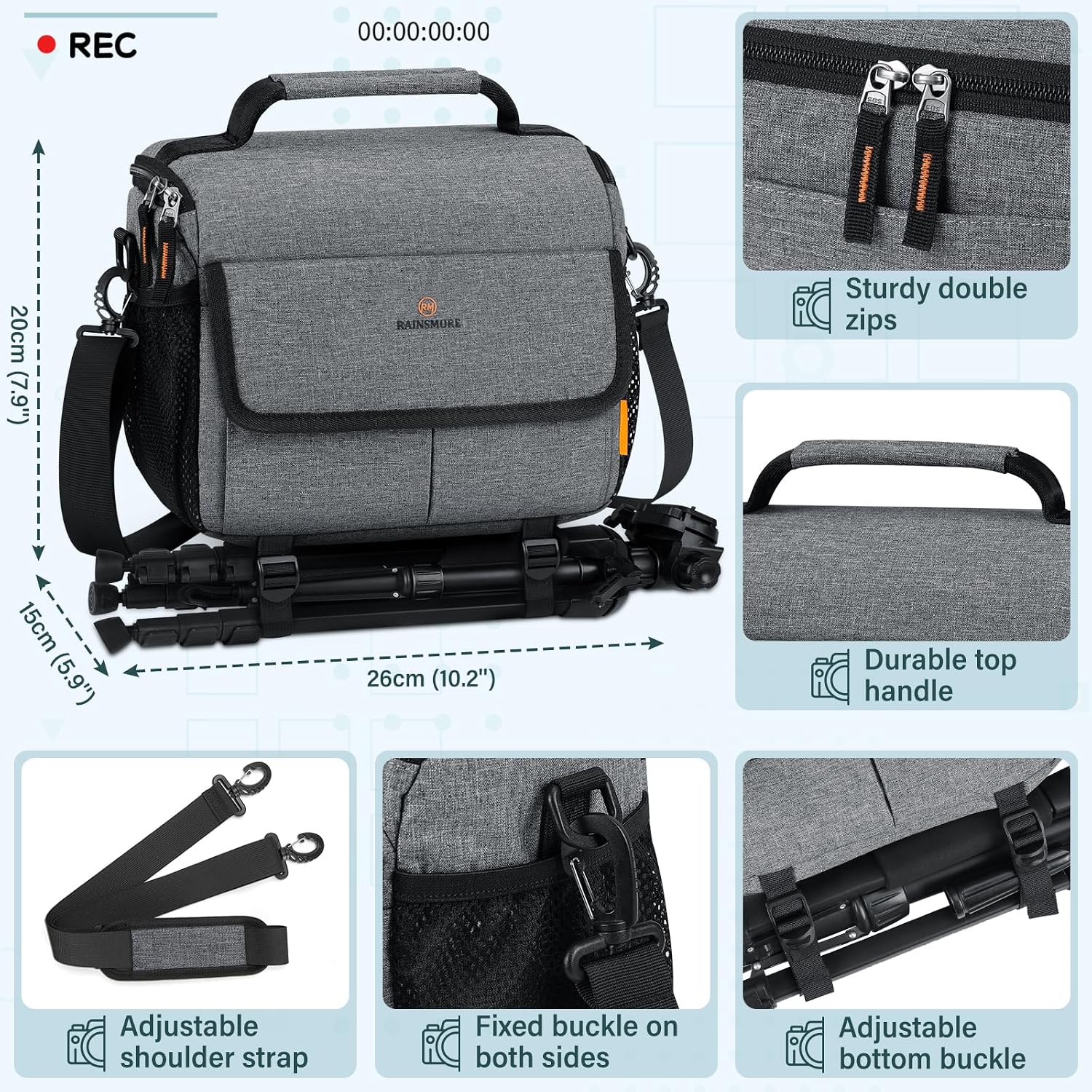 Detalle de RAINSMORE Kameratasche Spiegelreflex für DSLR/SLR – wasserabweisend, stoßfest und kompakt mit Regenschutz-Hülle