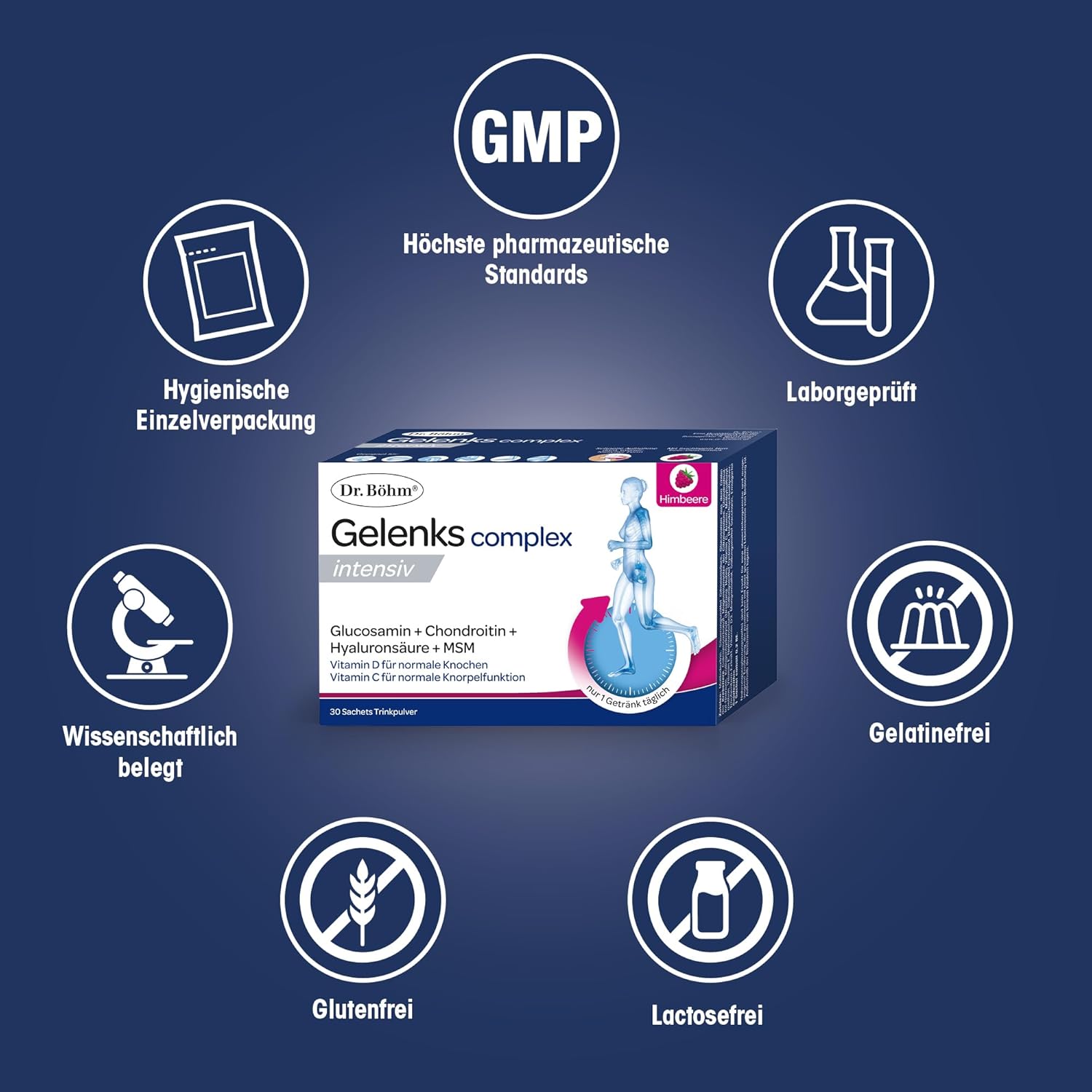 Detalle de Dr. Böhm Gelenks complex intensiv – Trinkpulver für Knorpel, Knochen & Gelenke, Himbeer-Geschmack, 30 Stk