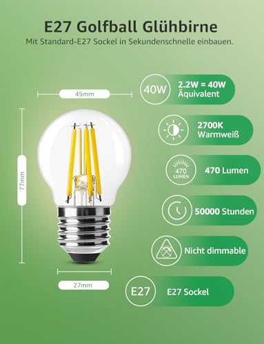 Detalle de Lepro Energieklasse A E27 LED Warmweiß 2,2 W, 470 lm, 2700 K – Glühbirne