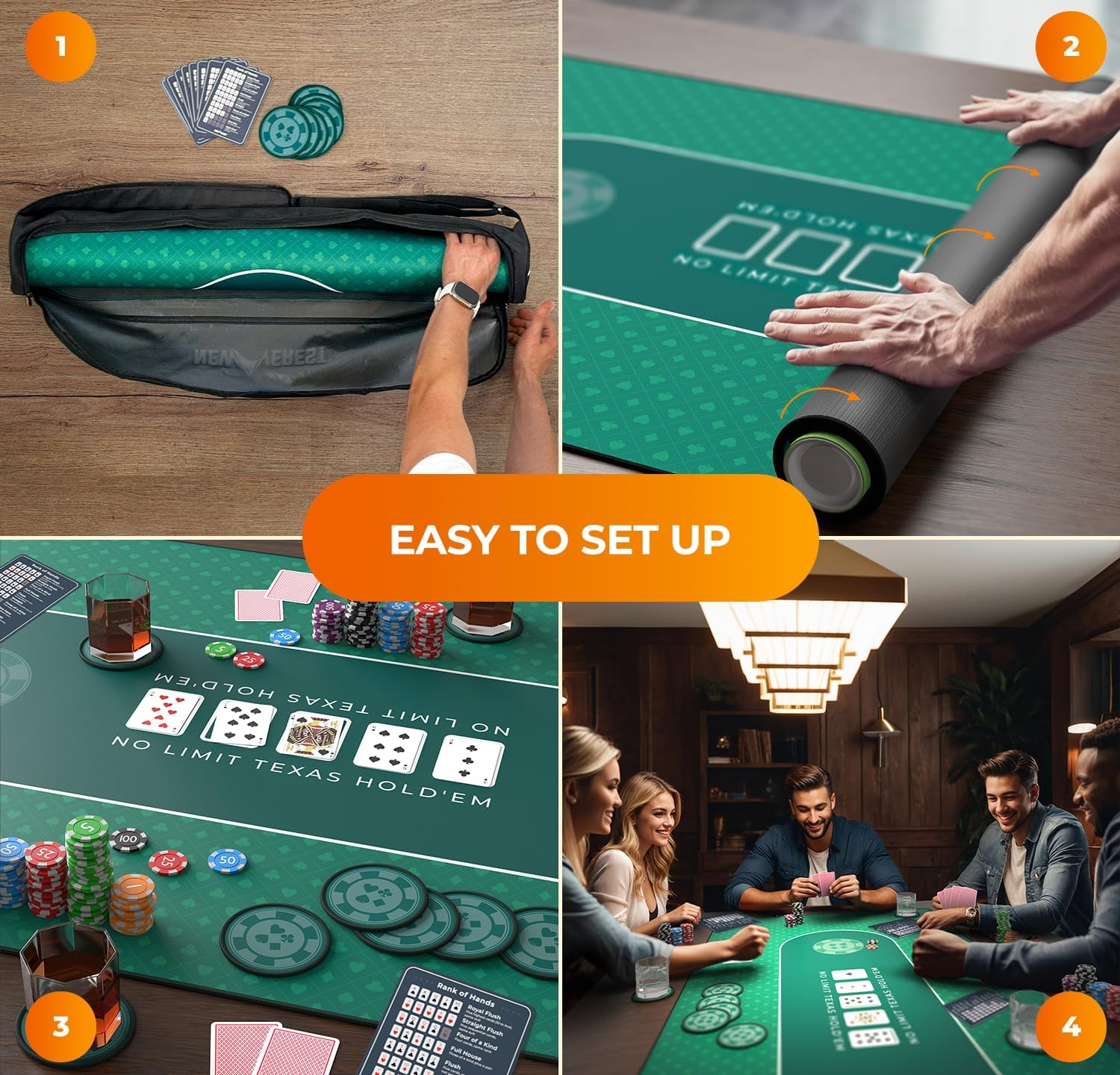Thumbnail 6 de Newverest Tischauflage Texas Hold’em 180 x 90 cm – Casino Poker Matte Grün mit Reißverschlusstasche, 8 Untersetzer & Geschenkbox