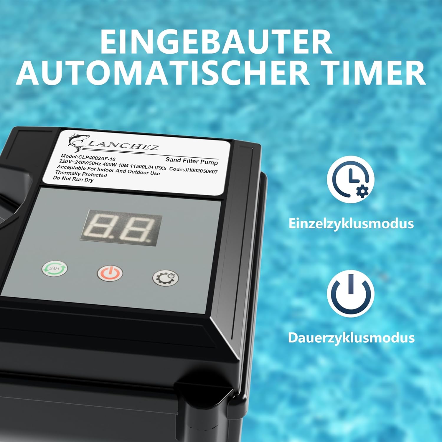 Detalle de LANCHEZ Sandfilteranlage 11.500 L/h – 7-Wege-Ventil, 24h Timer, 200 g Filterbälle, Sandfilterkessel bis 60 m³