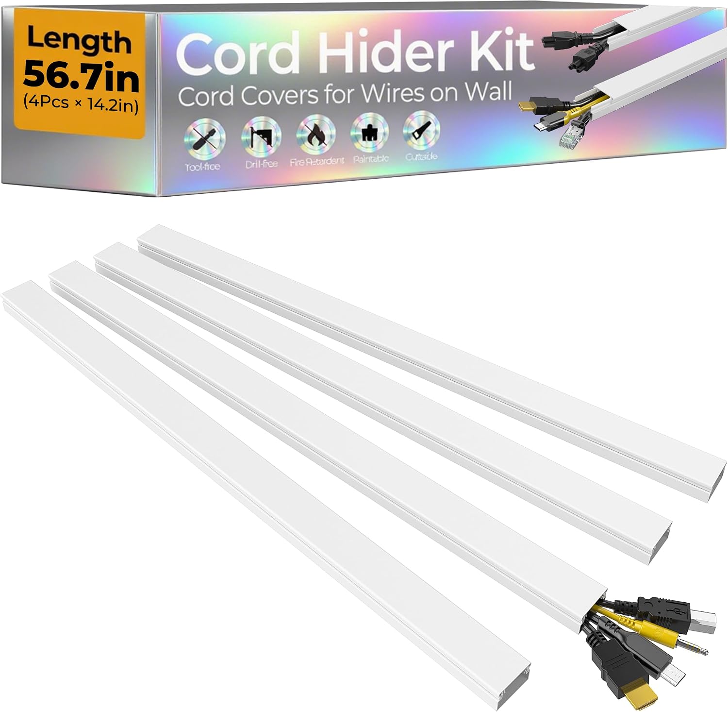 Detalle de Wuitaouy 56.7in Cable Hider Cord Hider for 2–4 Cords (White) — TV, Lamp & Speaker Wire Covers