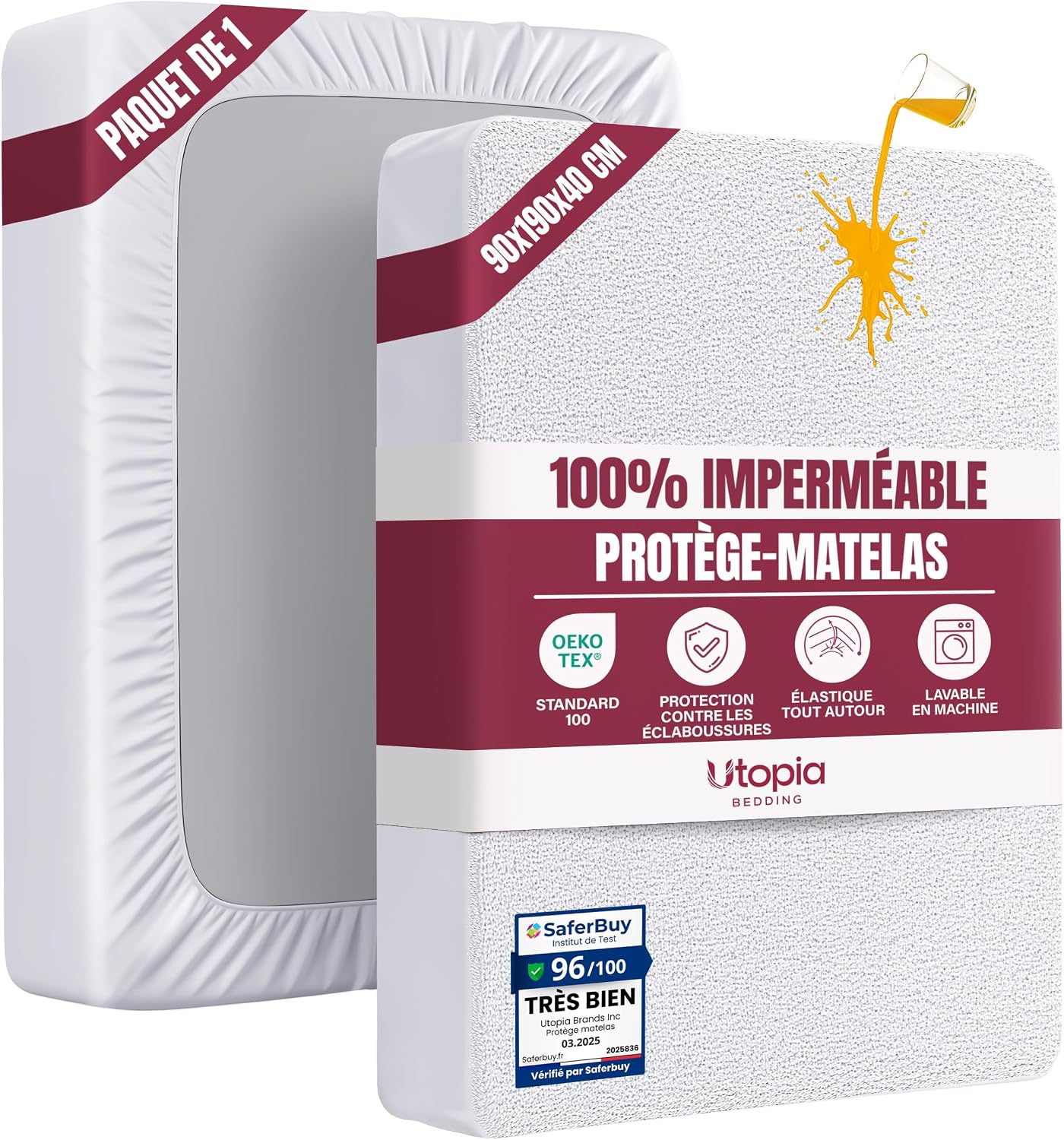 Detalle de CopriMaterasso Singolo Impermeabile Utopia Bedding 90x190x40 cm – OEKO-TEX, lavabile, elastico tutto intorno