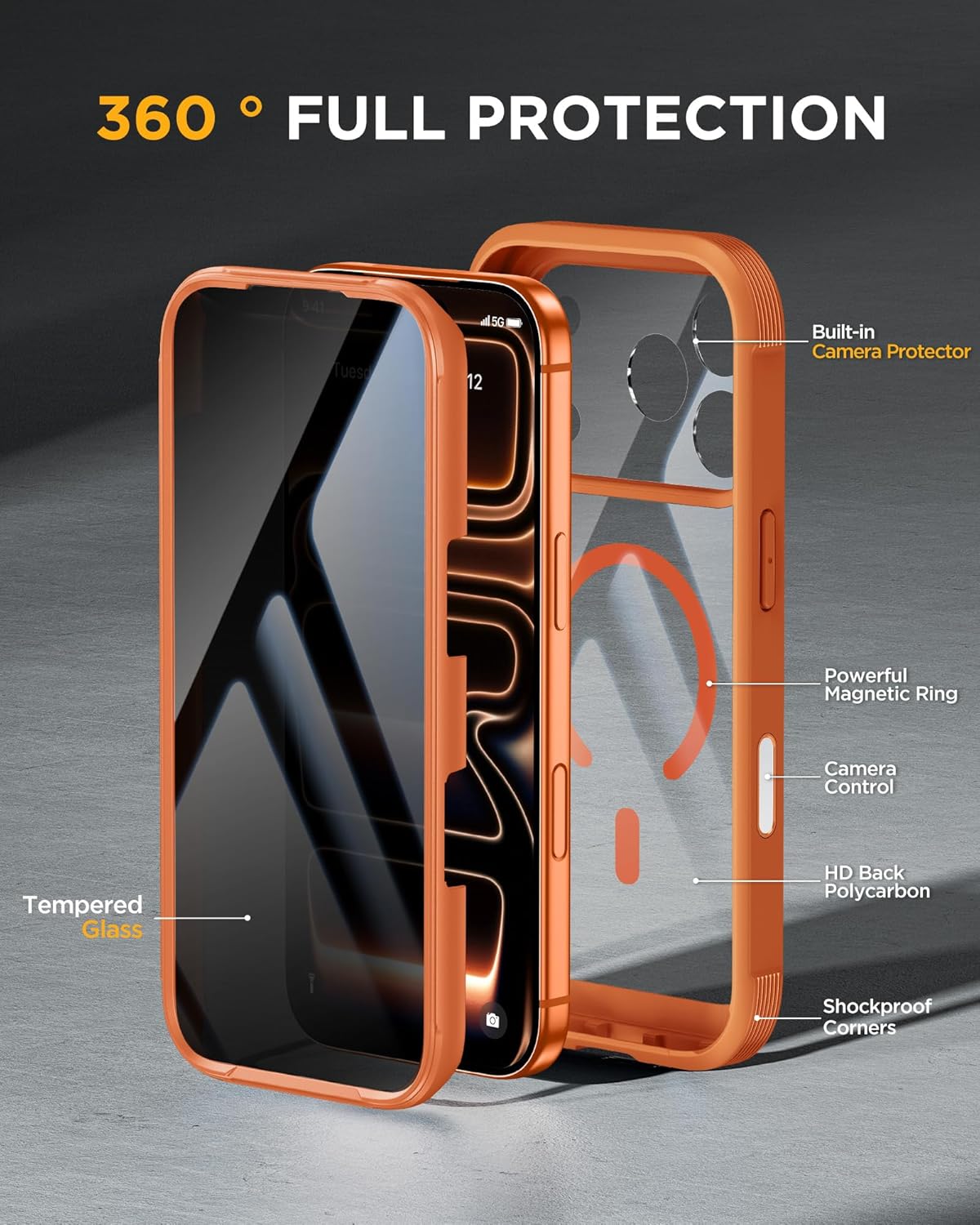 Detalle de Miracase iPhone 17 Pro Max Case with Privacy Screen, MagSafe, Orange