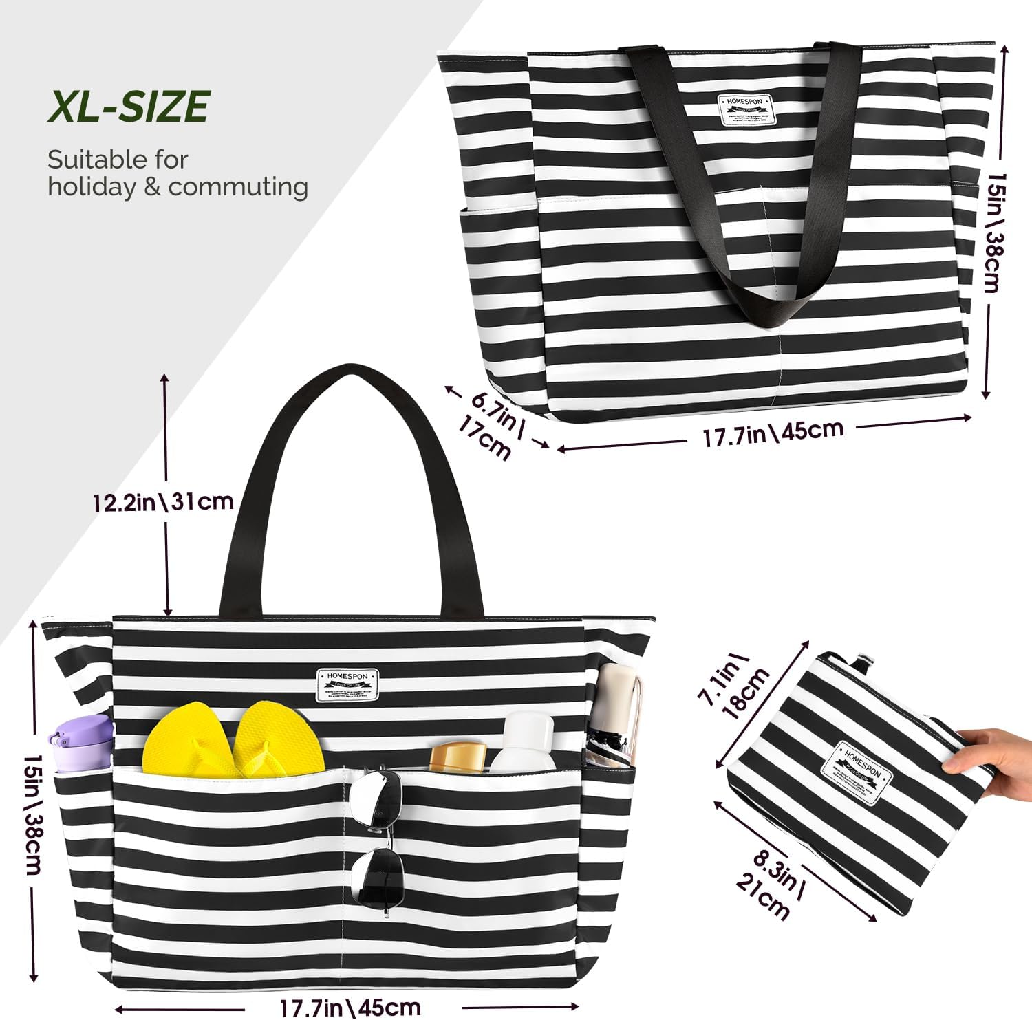 Thumbnail 3 de HOMESPON Large Waterproof Beach Tote Bag (Zip, Pockets, Foldable) – Black and White Stripes