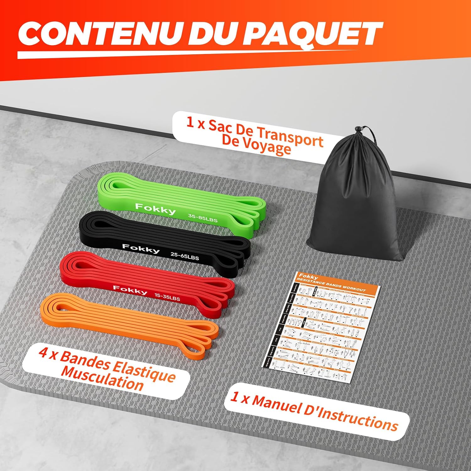 Thumbnail 5 de Fokky Bande Elastique Musculation – Kit 4 Niveaux (Orange 5–15 LBS, Rouge 15–35 LBS, Noir 25–65 LBS, Vert 35–85 LBS) et Sac de Transport