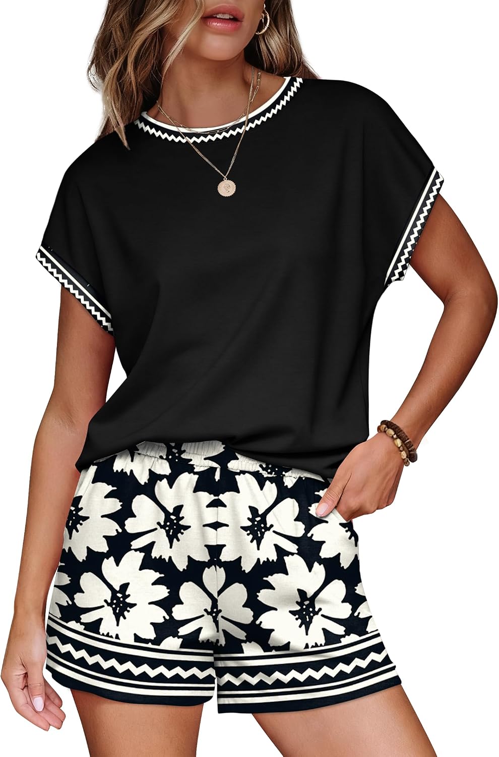 Detalle de WIHOLL Two Piece Sets for Women Summer Lounge Short Sets Cap Sleeve Crew Neck Sweatsuit with Pocket (XS–2XL)