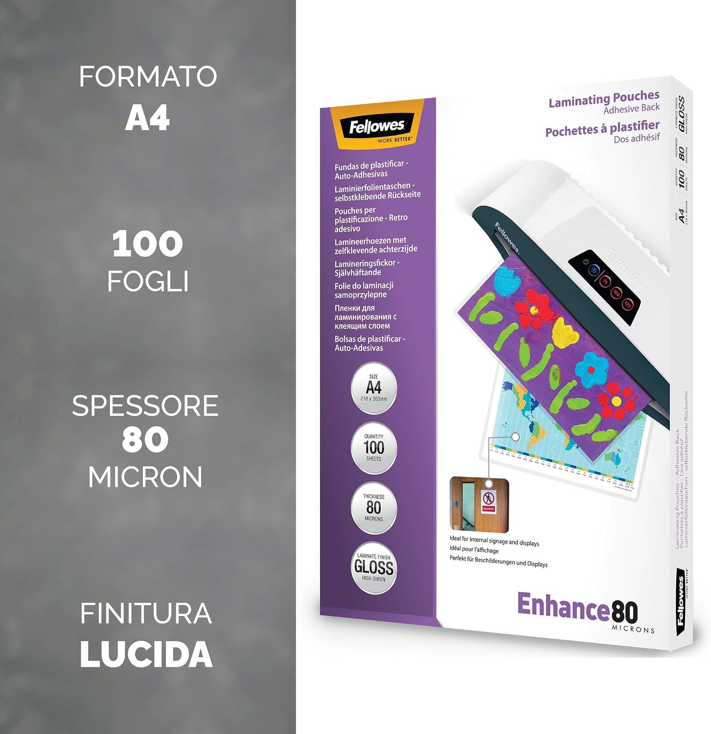 Thumbnail 1 de Fellowes 5302202 Pouches Enhance80 con retro adesivo, formato A4 da 100 pezzi