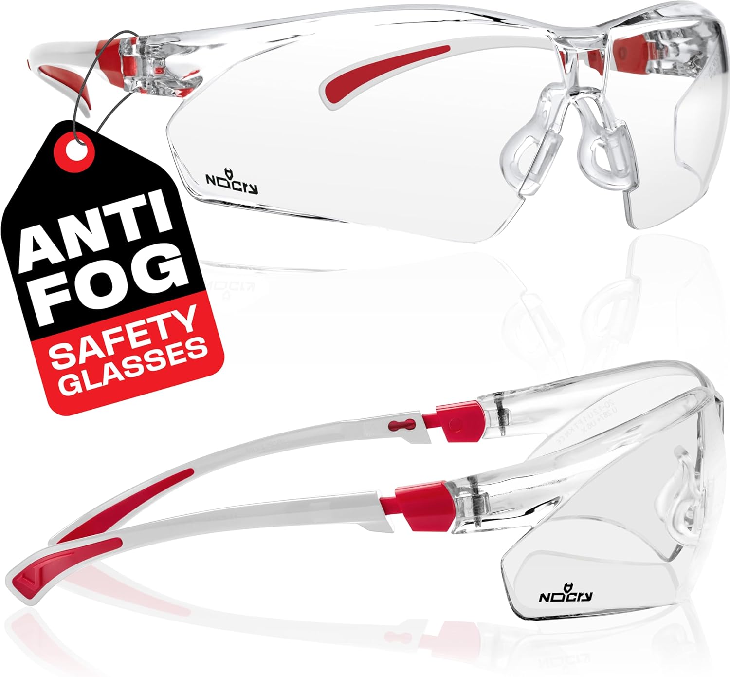 NoCry Clear Cycling Glasses for Women (White & Red) – Anti-fog, Scratch-Resistant Wrap-Around Safety Glasses with UV Protection
