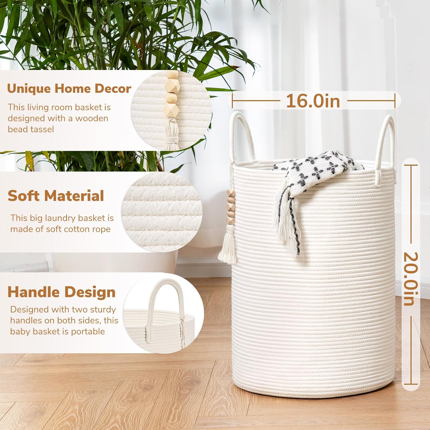 Detalle de Goodpick White Cotton Rope Laundry Hamper with Handles, 16 x 20 Inches