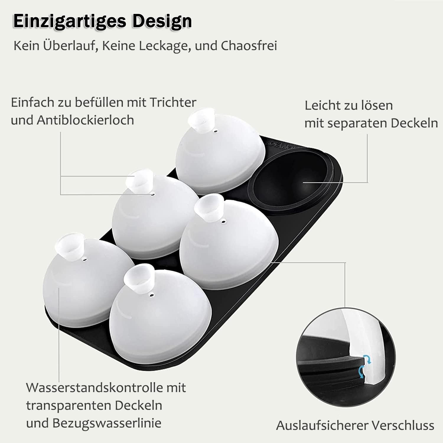Thumbnail 1 de HONYAO Eiswürfelform Kugel Silikon mit Deckel – 6 große Eiskugeln, 5 cm, BPA-frei