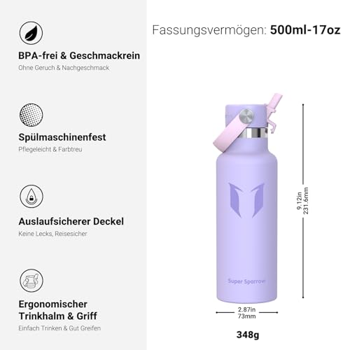 Detalle de Super Sparrow Sparrow Trinkflasche Kinder 500ml – Edelstahl mit Strohhalm, isoliert