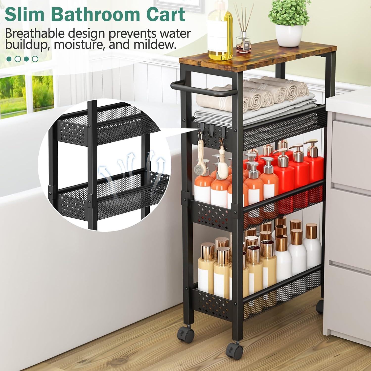 Thumbnail 2 de Vivihomety Utility Slim Storage Cart with Wood Top and Wheels