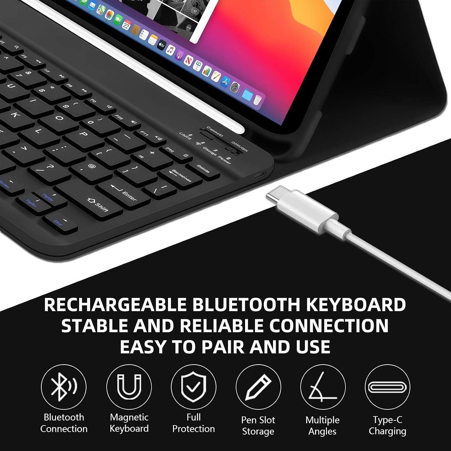 Detalle de WENJION Keyboard Case for iPad 11th Gen (A16) & 10th Gen 2022 — Detachable Bluetooth Keyboard Cover with Pencil Holder