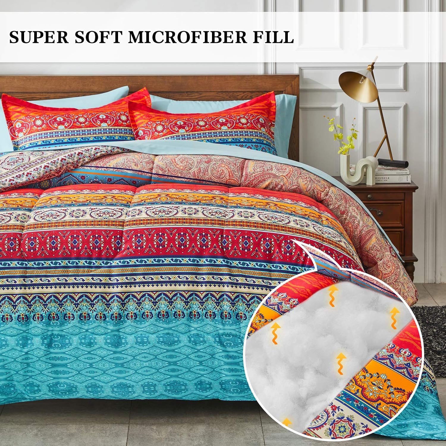 Detalle de Flysheep 1 Boho Striped Queen Bed-in-a-Bag Set, Reversible Microfiber