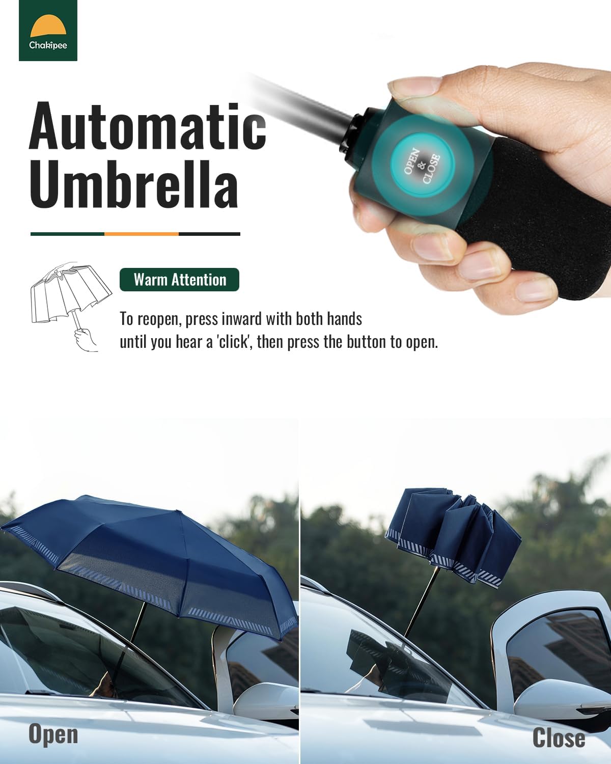 Thumbnail 2 de Chakipee Parapluie Pliant Résistant Vent Fort Réfléchissant – 8 Sections, Pliage Automatique et Tissu 210T