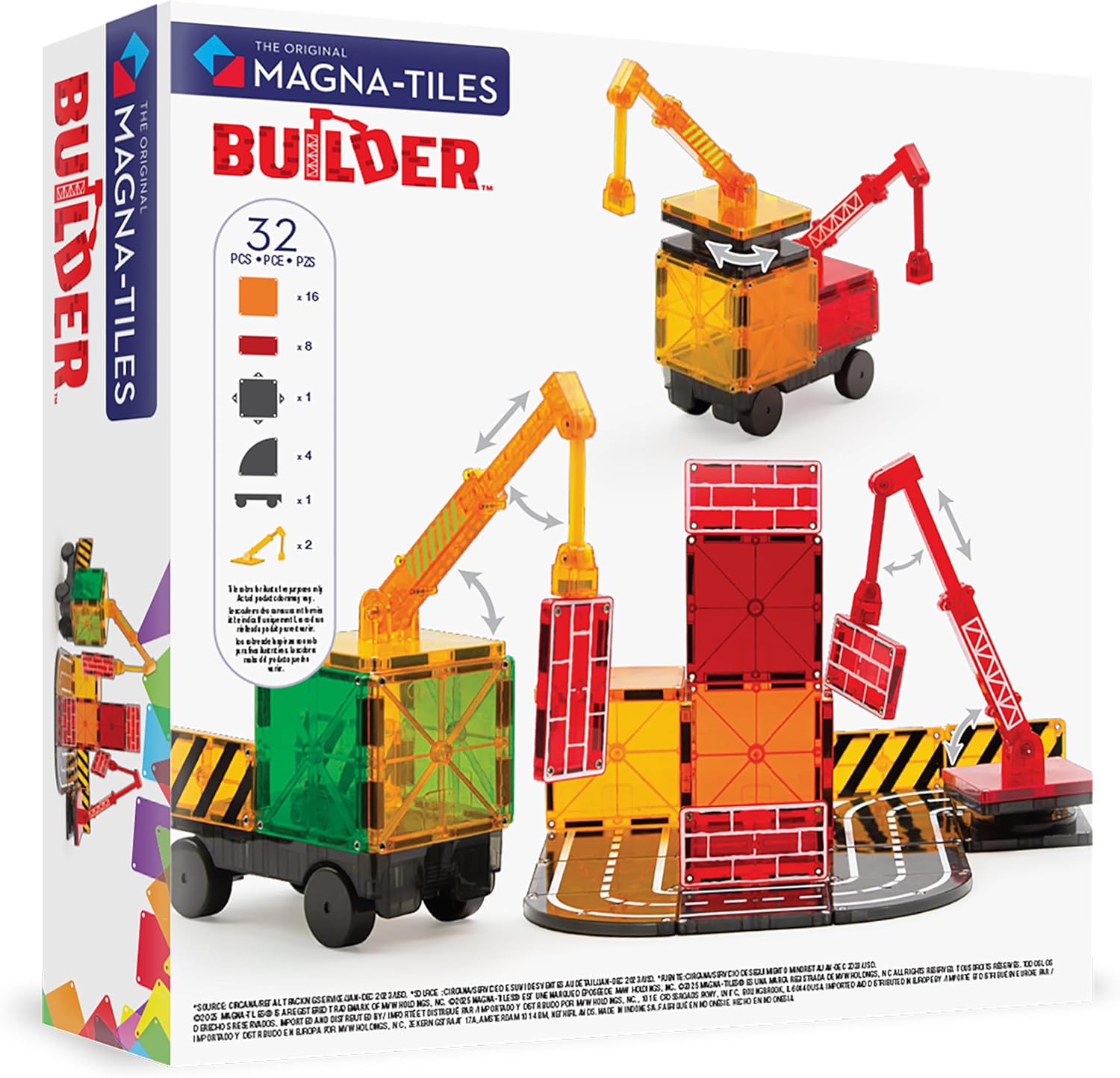 Detalle de Magna-Tiles Builder 21632 – magnetyczny zestaw konstrukcyjny, 32 elementy z żurawiami