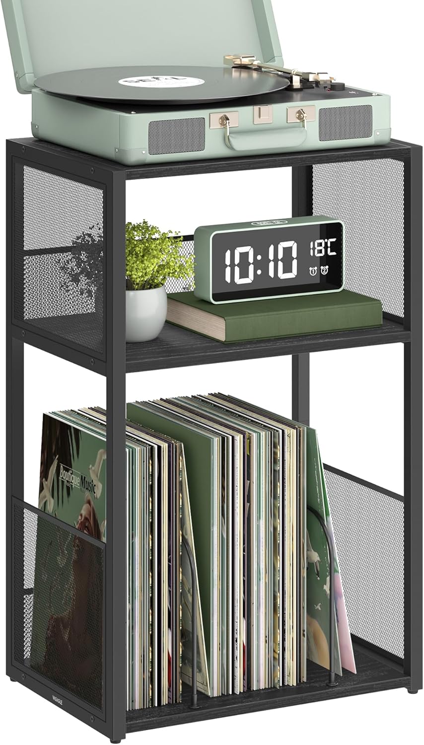 VASAGLE Record Player Stand 3-Tier Side Table (Ebony Black, ULET275B01)