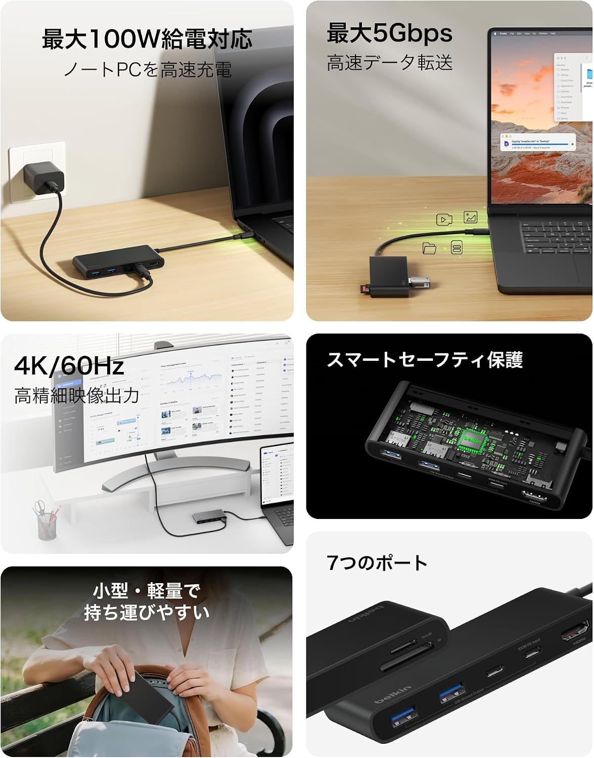 Detalle de Belkin Connect USB-C 7-in-1ハブ、100W PD・4K60Hz HDMI・5Gbps対応