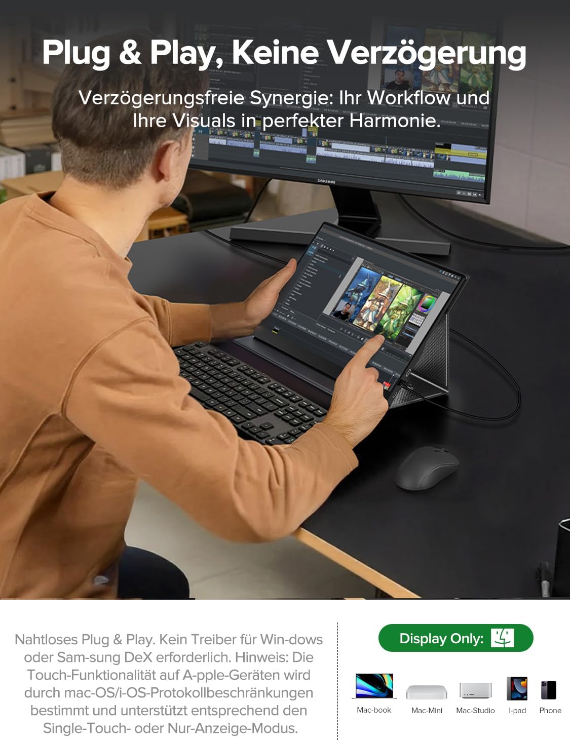 Detalle de UPERFECT Portable Monitor Touchscreen 15,6" (IPS, Full HD, matt, HDR) mit Dual USB‑C und VESA