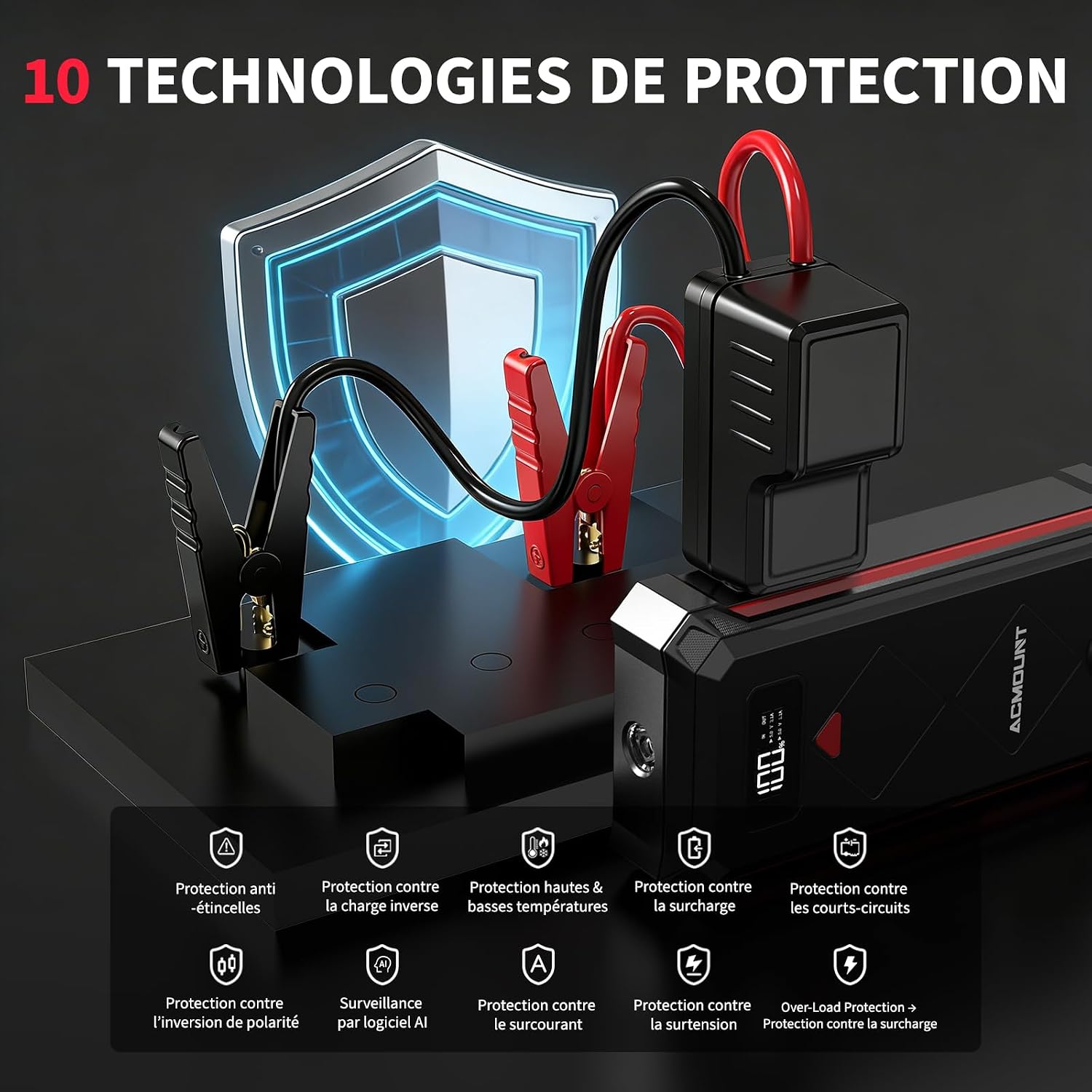 Thumbnail 6 de Acmount 7000A Booster Batterie Voiture 23800 mAh – démarreur 12 V avec pinces intelligentes, écran LCD et LED 3 modes